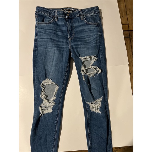 American Eagle Hi Rise Jegging Womens 14 Blue Next Level Stretch Distressed - Picture 1 of 3